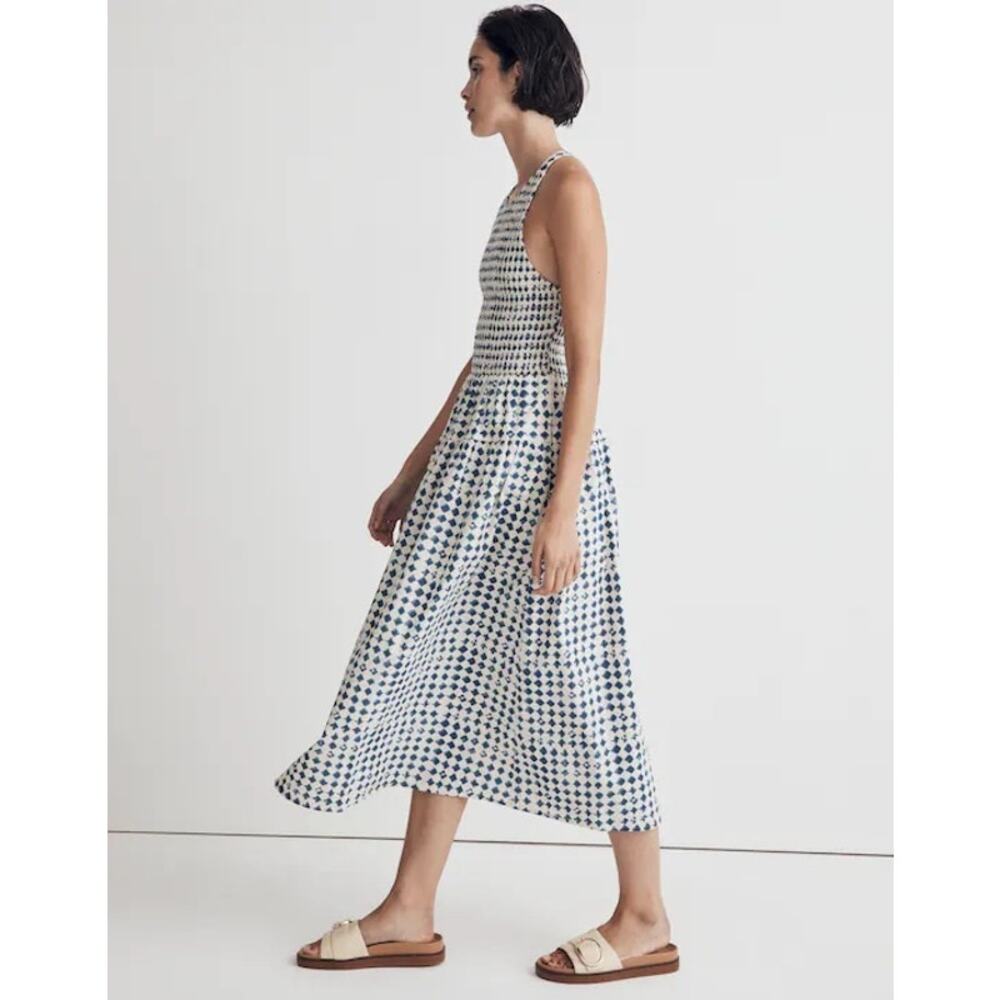 Madewell White Midi Dress with Navy Dot Print